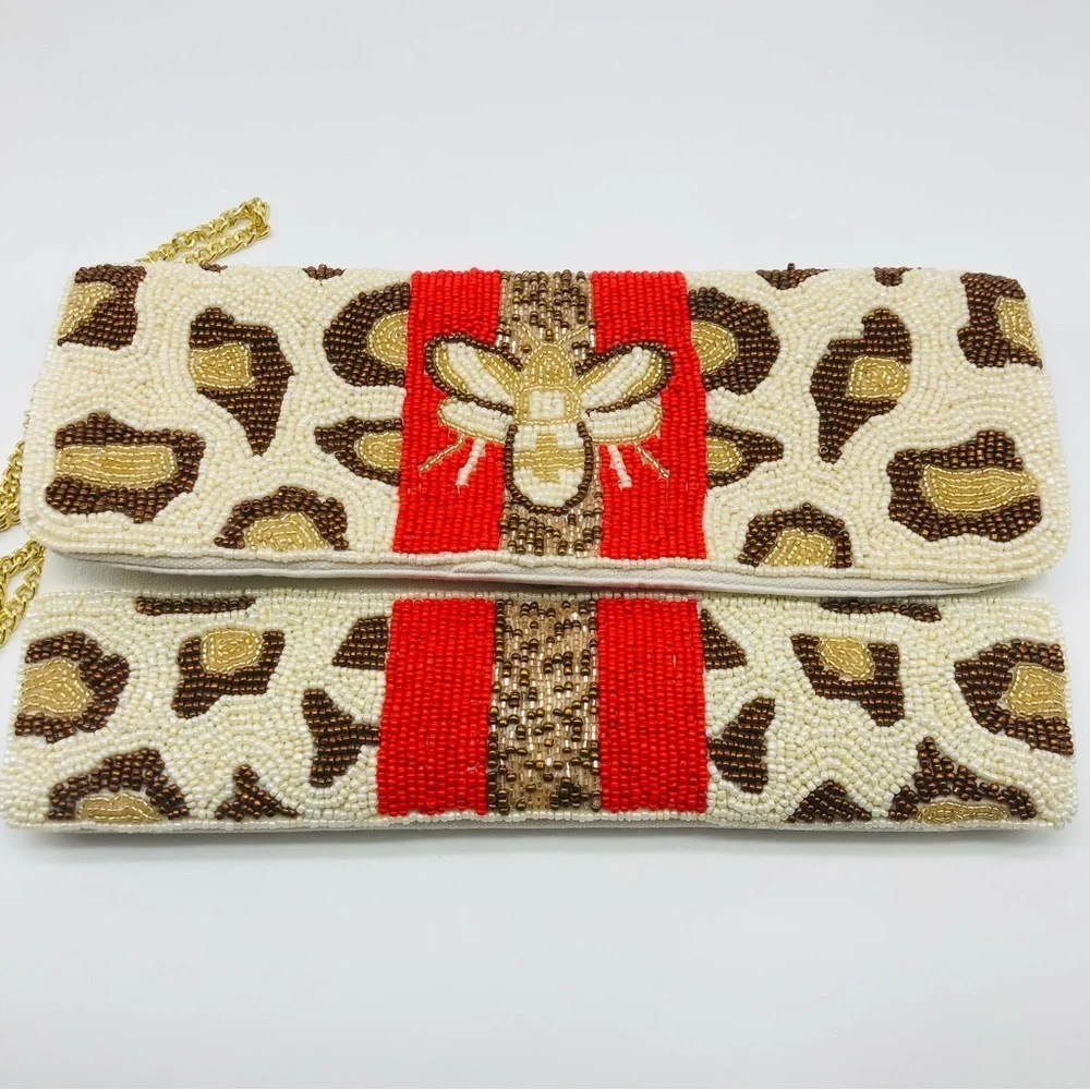 Handmade Beaded Animal Print and Bee Clutch or Crossbody